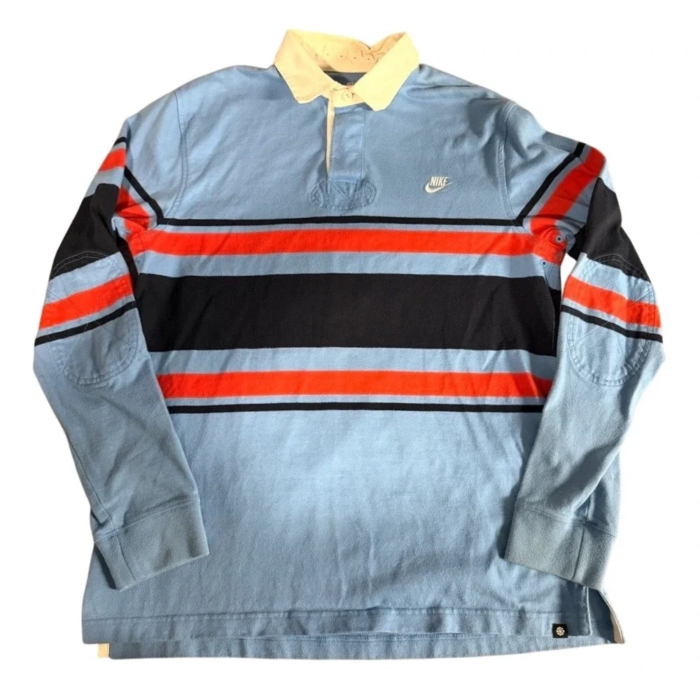 Nike Sportswear Mens Long Sleeve Rugby Shirt Blue Striped Cotton Polo Large